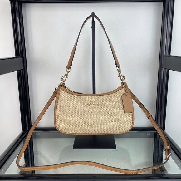 😎COACH Teri 2way Shoulder Bag Crossbody Straw/Leather Latte CR350 - Picture 1 of 7